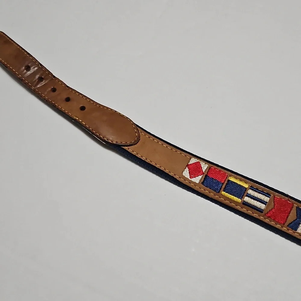 Zeppelin Brown Leather & Blue Belt with Nautical Flags Brass Buckle Size 44